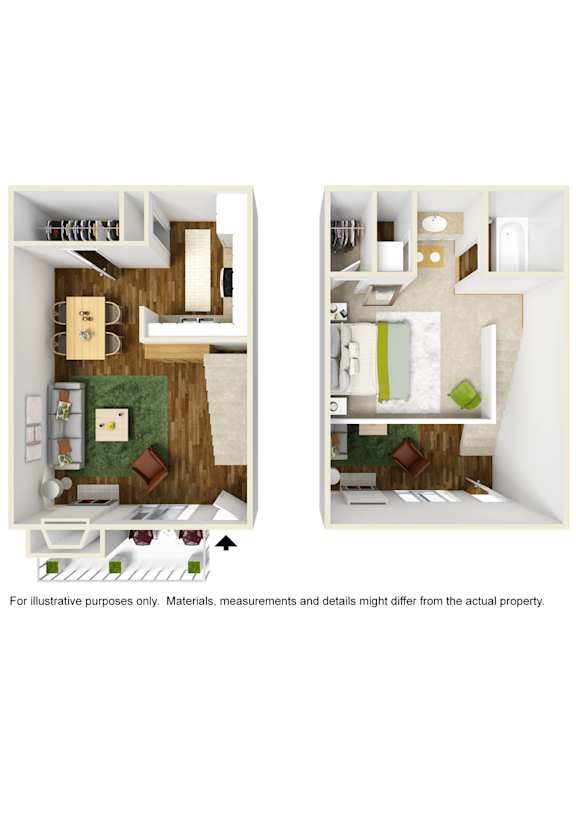 3D rendering of T2 floor plan furnished at Windridge on the Parkway in Dallas, TX
