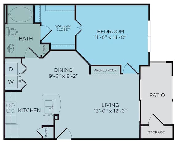 A floor plan of a small apartment with a living room, kitchen, dining room, and bedroom.