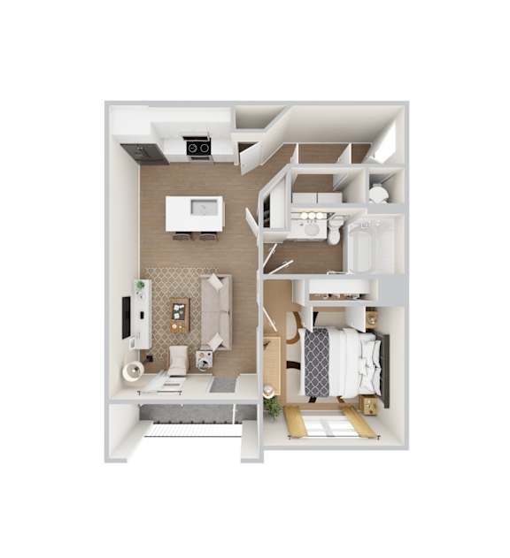 A 3D rendered apartment floor plan for Chapel Park's A1