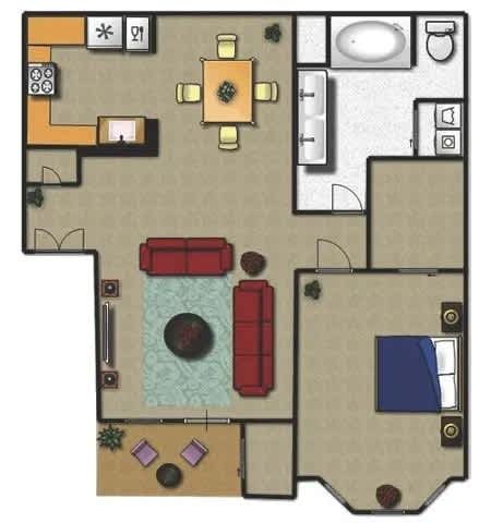 A floor plan of a house with a kitchen, living room, and bathroom.