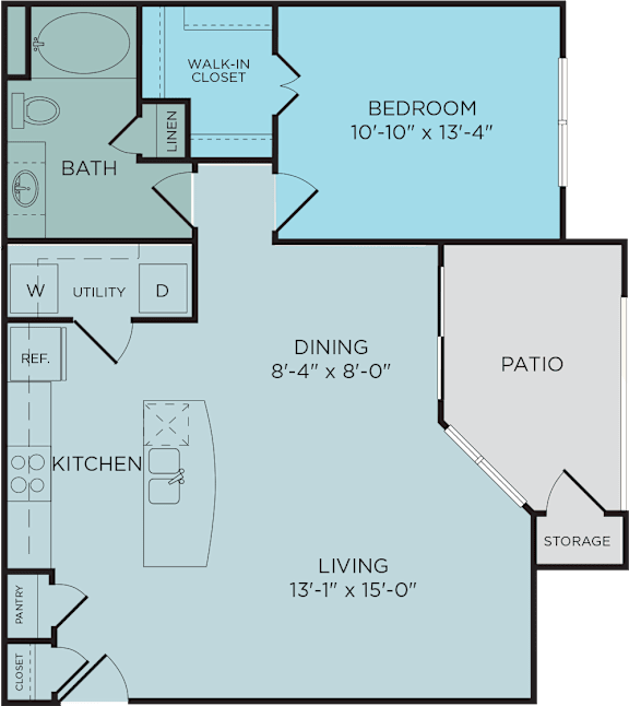 A2 floor plan, 1bed 1 bath and 830 square feet. Hilltops in Conroe, TX