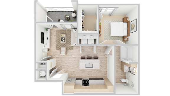 3D rendering of A2 floor plan, 1 bed, 1 bath, 798-863 sqft at Whispering Pines at Westdale Hills in Euless, TX