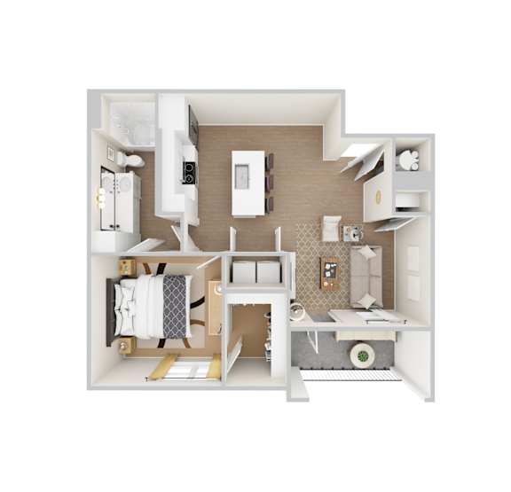 A 3D rendered apartment floor plan for Chapel Park's A2