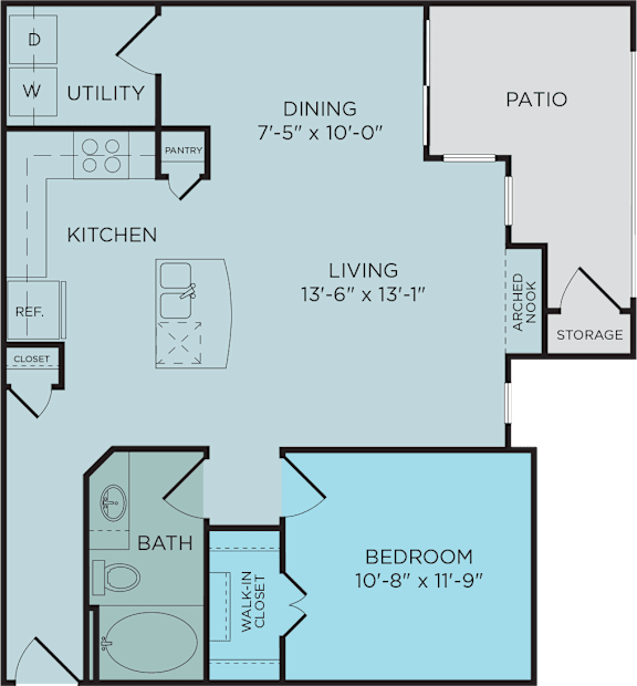 A3 floor plan, 1bed 1bad and 814 square feet. Hilltops in Conroe, TX