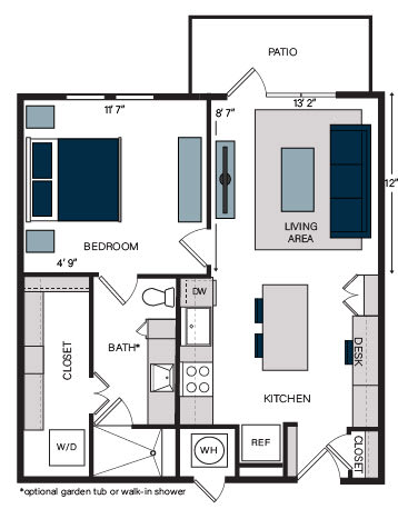 A4, 1Bed/1Bath, 756 sq. ft. with an opyional tub or shower at the Alastair at Aria Village Apartments in Sandy Springs, GA