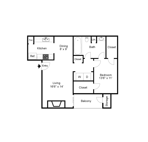 2D rendering of A6 floor plan, 1bed, 1bath, and 749sqft, at Windridge on the Parkway in Dallas, TX