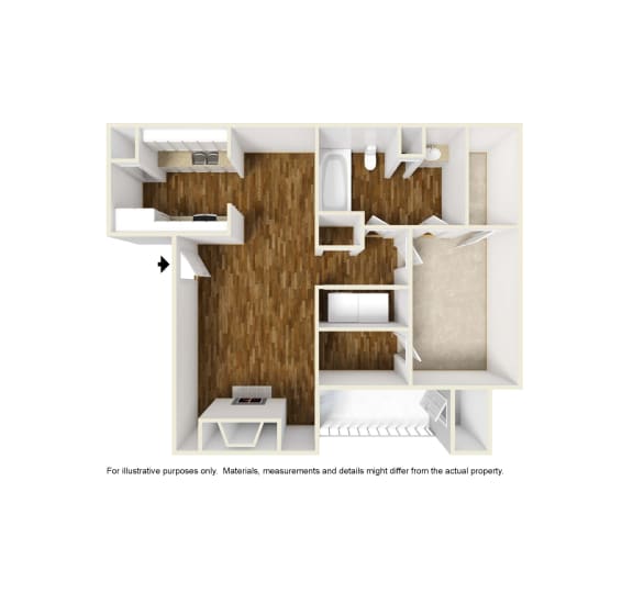 3D rendering unfurnished of A6 floor plan, 1bed, 1bath, and 749sqft, at Windridge on the Parkway in Dallas, TX