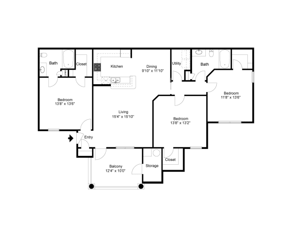 3x2 Balcony 2D floor plan of Angle Landing Apartment in Pensacola, FL