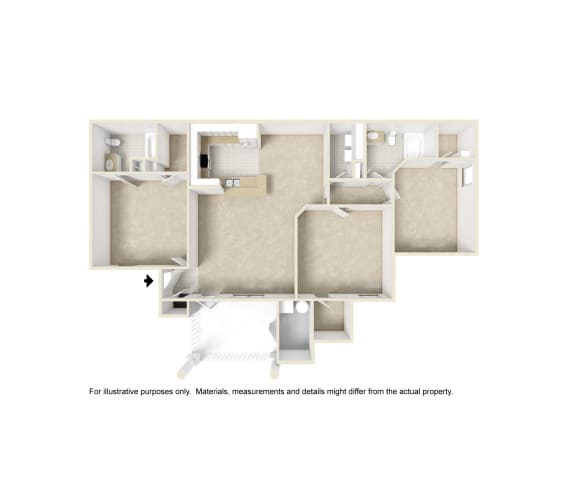 3x2 Balcony 3D floor plan of Angle Landing Apartment in Pensacola, FL