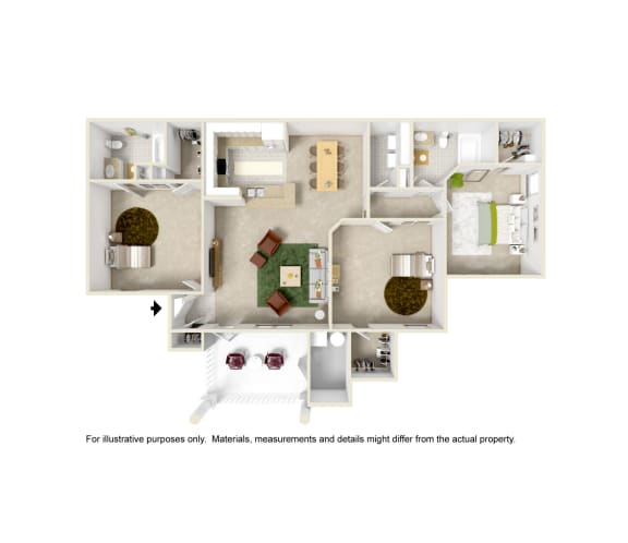 3x2 Balcony 3D floor plan 2 of Angle Landing Apartment in Pensacola, FL