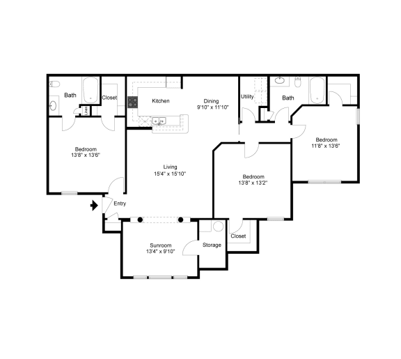 3x2 Sunroom 2D floor plan of Angle Landing Apartment in Pensacola, FL