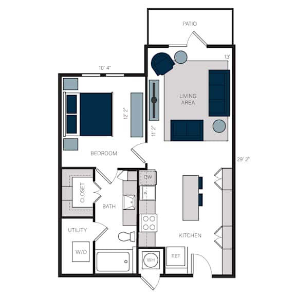 A floor plan of a house with a living area, bedroom, bathroom, kitchen, and utility space.