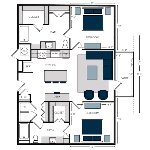 B3, 2Bed/2Bath, 1,134 sq. ft. with an ADA bath at the Alastair at Aria Village Apartments in Sandy Springs, GA