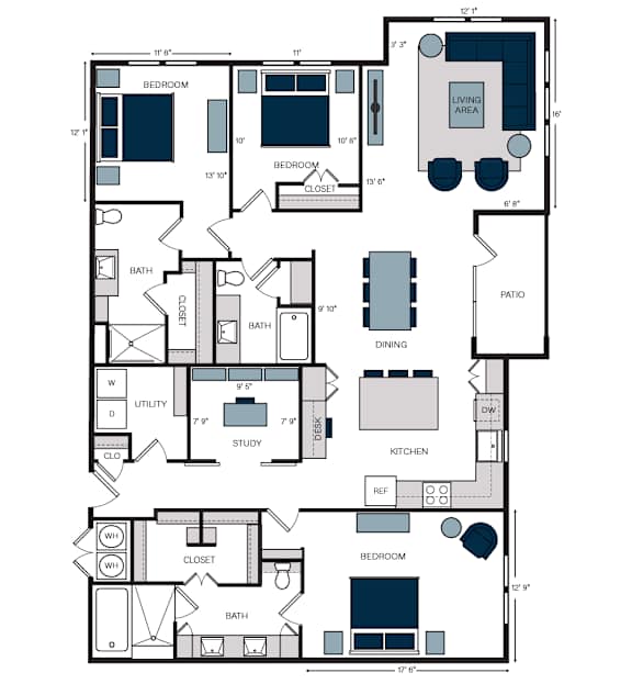 C2, 3Bed/3Bath, 2,078 sq. ft. with an ADA shower at the Alastair at Aria Village Apartments in Sandy Springs, GA