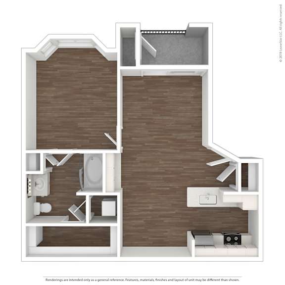A1 3D floor plan unfurnished, 1 bed, 1 bath, A1 3D floor plan furnished. 1 bed, 1 bath, Asheville at Spring Branch in Houston, TX