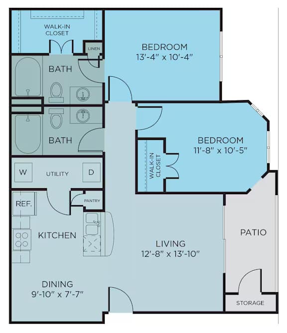 B1 floor plan, 2bed 2 bath and 977 square feet. Hilltops in Conroe, TX