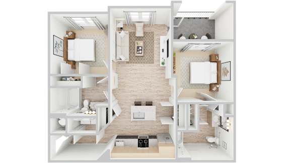 3d rendering of B1 floor plan, 2 bed, 2 bath, 1,058 sqft at Whispering Pines at Westdale Hills in Euless, TX