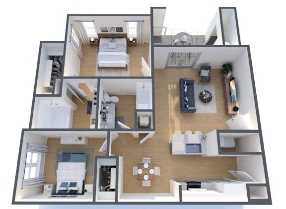 A 3D floor plan of a house showing all the rooms and their layout.