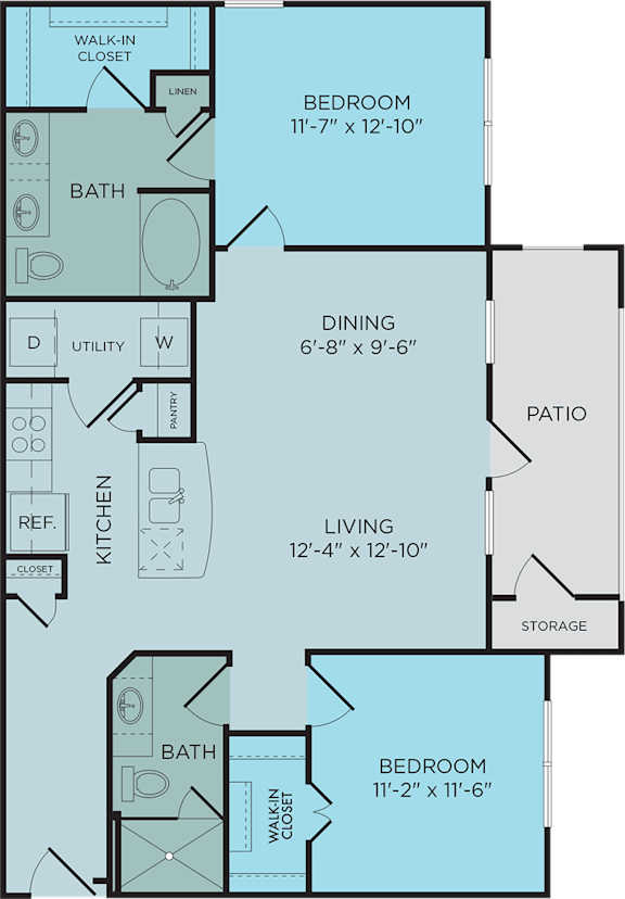 B2 floor plan, 2bed 2bath and 1,065 square feet. Hilltops in Conroe, TX