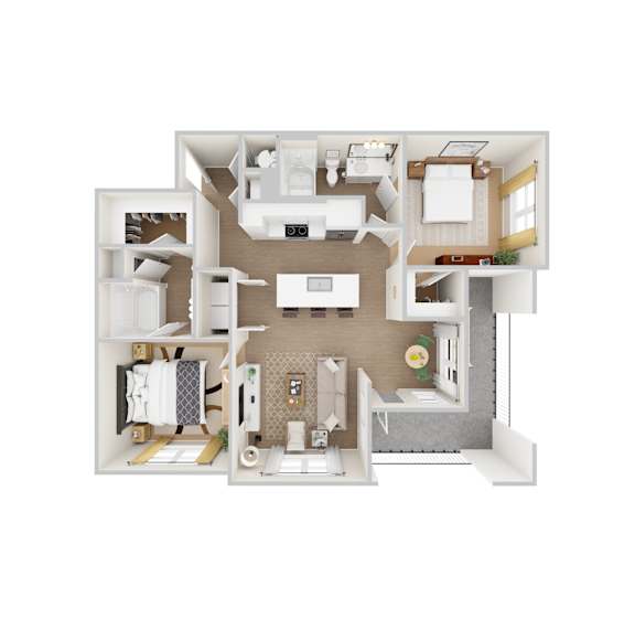 A 3D rendered apartment floor plan for Chapel Park's B2