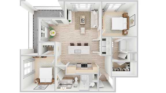 3D rendering of B2 floor plan, 2 bed, 2 bath, 1,102 sqft at Whispering Pines at Westdale Hills in Euless, TX