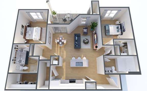 A 3D floor plan of a house with a kitchen, living room, and bedrooms.