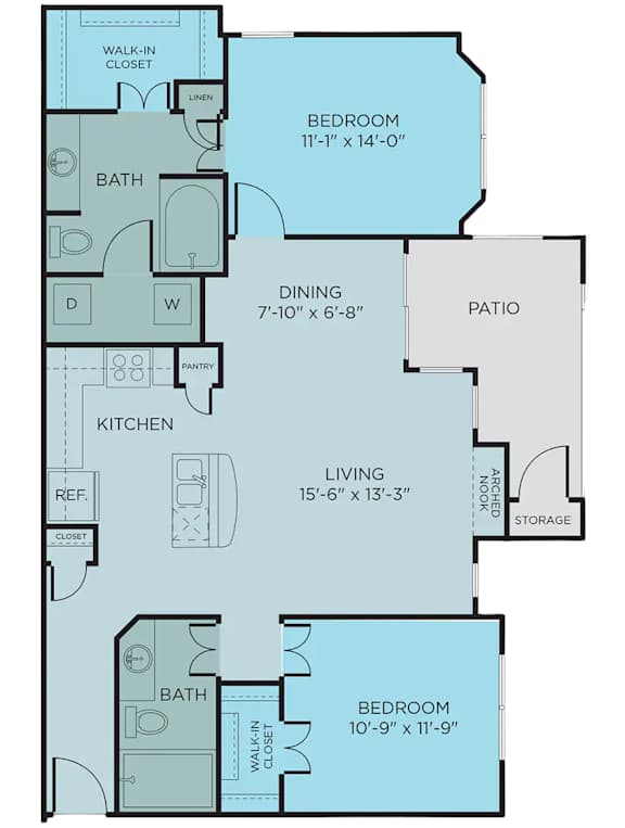 B3 floor plan, 2bed 2 bath and 1,113 square feet. Hilltops in Conroe, TX