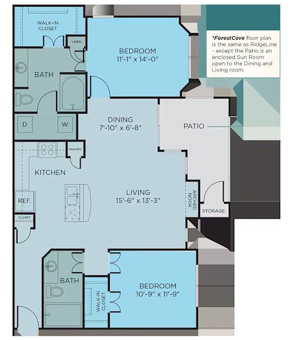 B3 sunroom floor plan, 2bed 2bath and 1,239 square feet. Hilltops in Conroe, TX