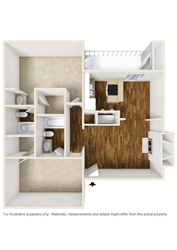 B6 floor plan in 3D unfurnished at Windridge on the Parkway in Dallas, TX