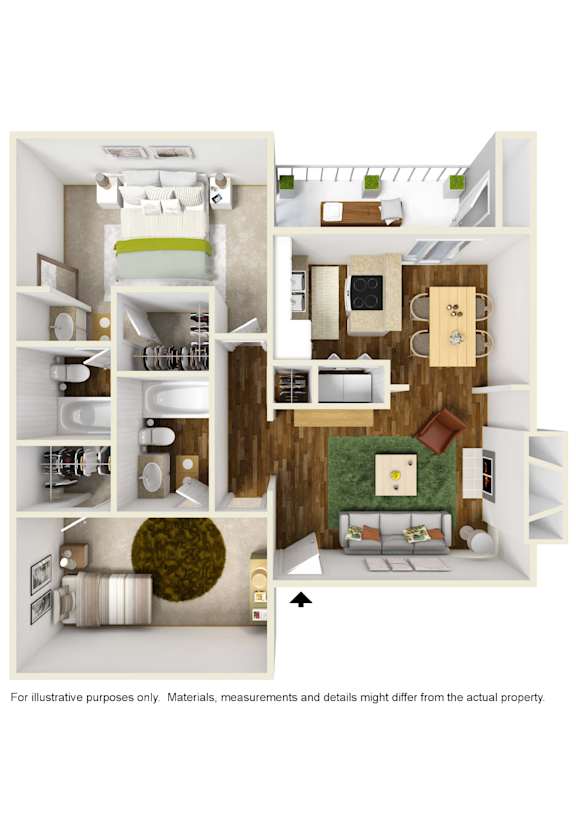B6 floor plan 3D rendering furnished at Windridge on the Parkway in Dallas, TX