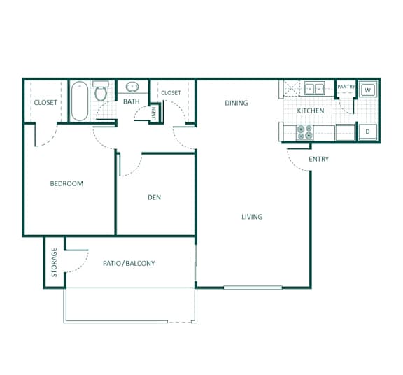 C floor plan 761sqft, 2 bed, 1 bath, at Bear Creek Crossing apartments in Houston, TX