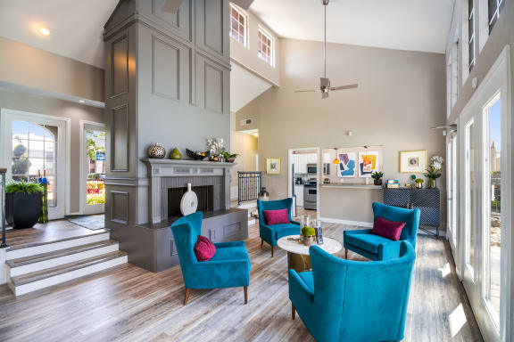 Leasing Office Interior Fireplace at Noel on the Parkway Apartments in Dallas, Texas, TX