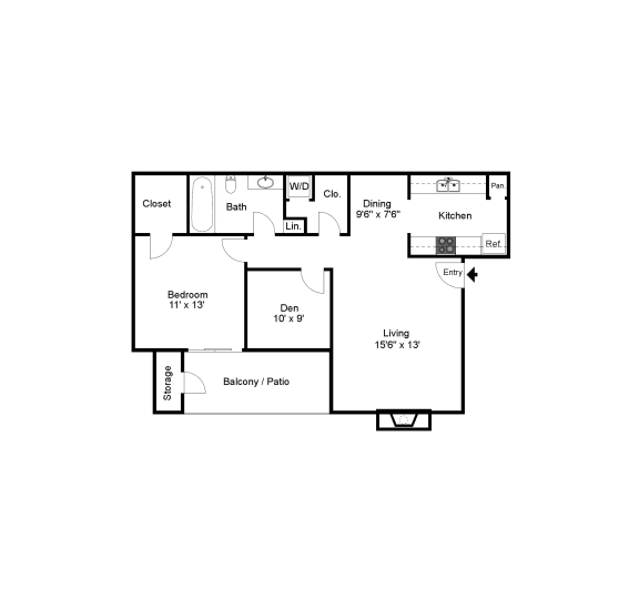 2D rendering of D5 floor plan, 2bed, 2bath, and 801 sqft, at Windridge on the Parkway in Dallas, TX