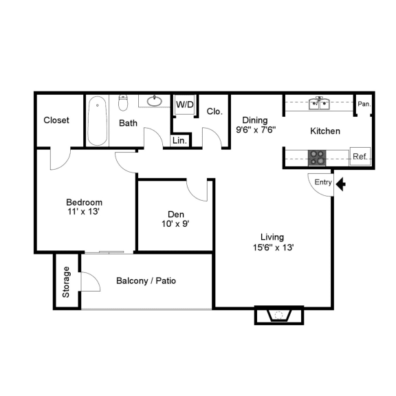 3D rendering of D5 floor plan, 2bed, 2bath, and 801 sqft, at Windridge on the Parkway in Dallas, TX