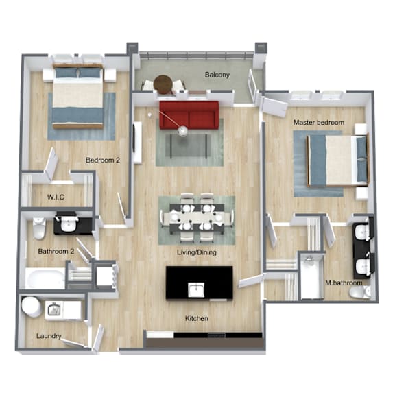 A floor plan of a house with two bedrooms, a living room, a kitchen, a laundry room, a bathroom, and a balcony.
