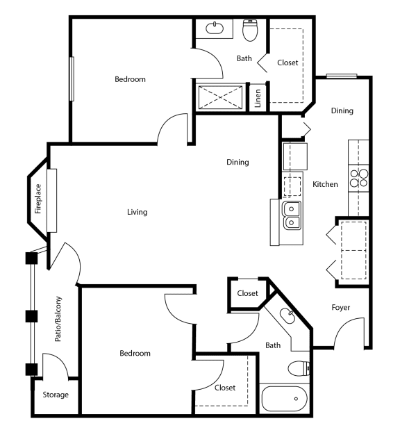 2D floor plan of Warwick, 2 bedroom and 2 bath floor plan at Encore at Buckingham apartments in Richardson, FL