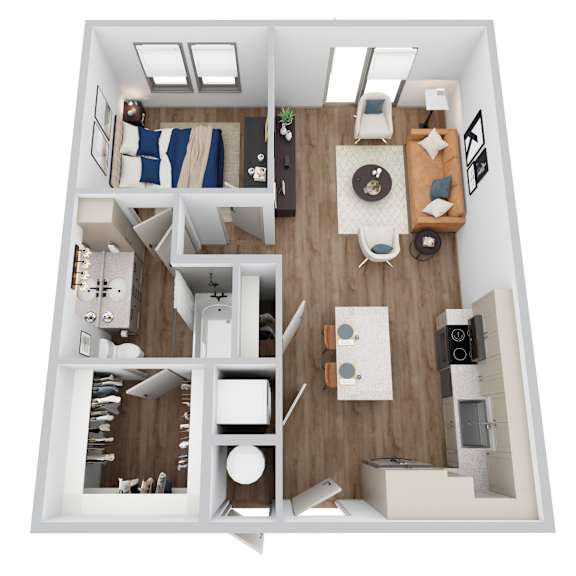 A 3D rendering of A2-1 floor plan at Era apartments in Denton, TX