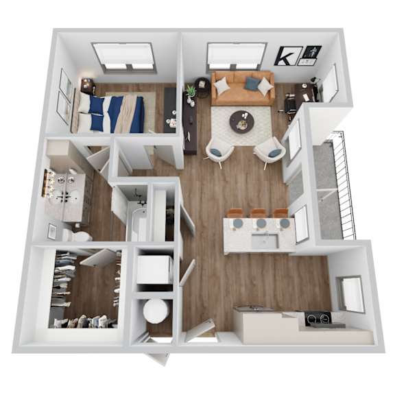 A 3D rendering of A4 floor plan at Era apartments in Denton, TX