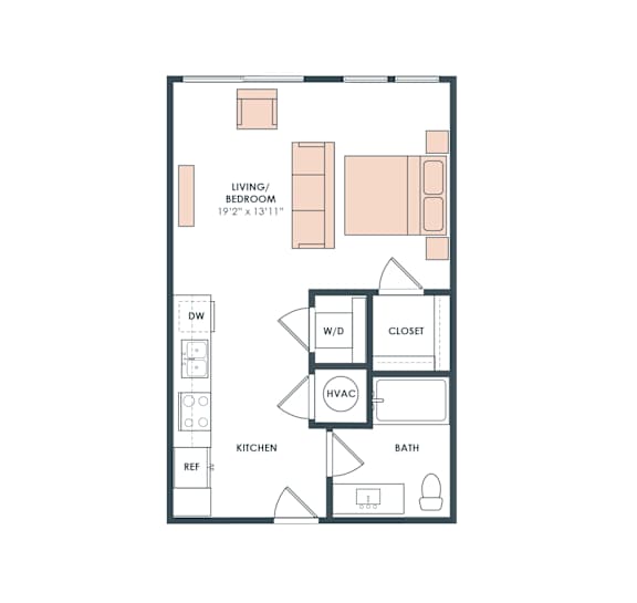 S1-1 floor plan, 556 sqft studio with 1 bath, at Era Apartments in Denton, TX