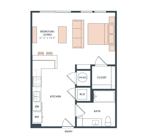 S2 floor plan, 616sqft studio with 1 bath, at Era Apartments in Denton, TX