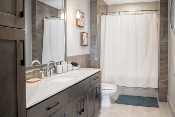 3 bedroom model bathroom with a sink and a toilet and a shower at The Hamilton apartments in Dallas, TX