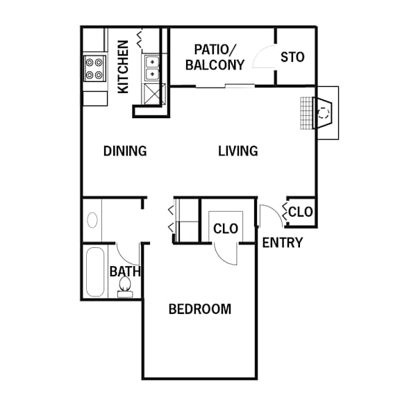Floor plan B, 1 bed, 1 bath, 647 square feet, at Heritage Square Apartments in Waco, TX