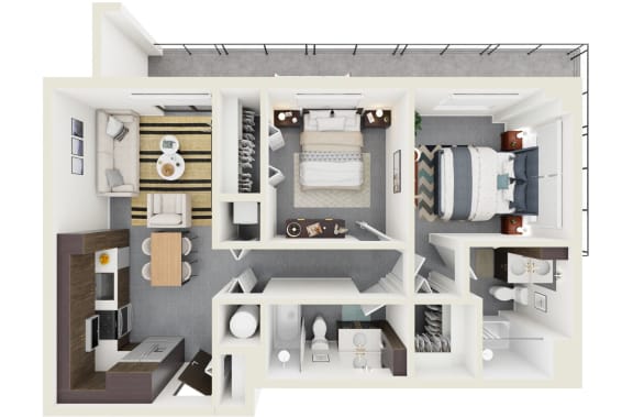 3d rendering of B5 Floor Plan at Hollywood Heights on the Boulevard Luxury apartments in Hollywood, FL