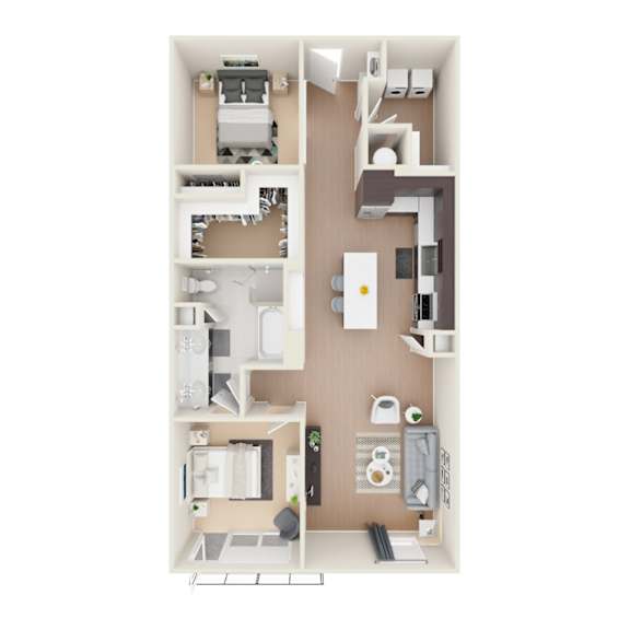 A floor plan of a small apartment with a kitchen, living room, and bathroom.