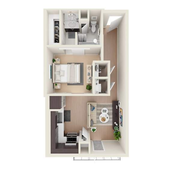 A 3D floor plan of a small apartment with a kitchen, living room, and bathroom.
