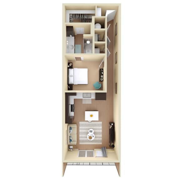 A 3D floor plan of a small apartment with a kitchen, living room, and bathroom.