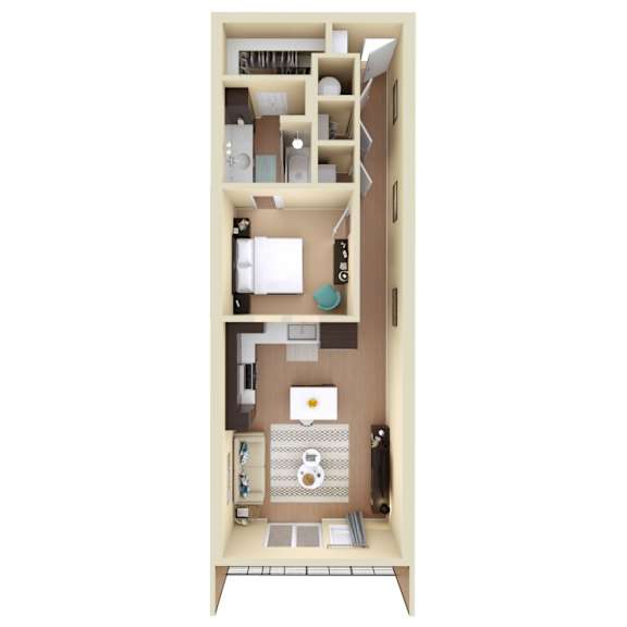 A 3D floor plan of a small apartment with a kitchen, living room, and bathroom.