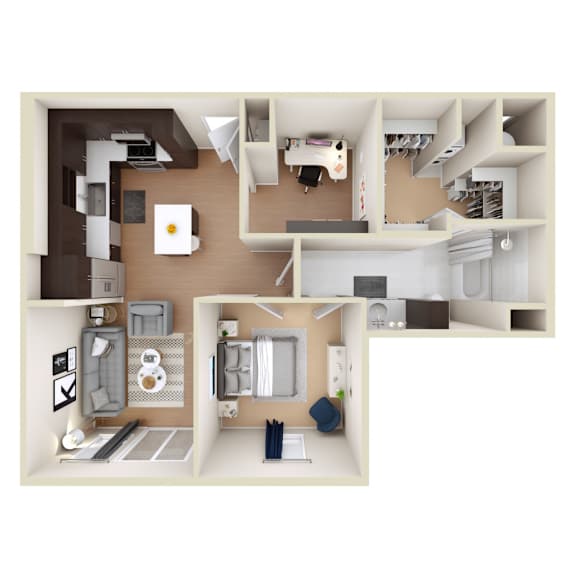 A 3D floor plan of a house showing the layout of the rooms.