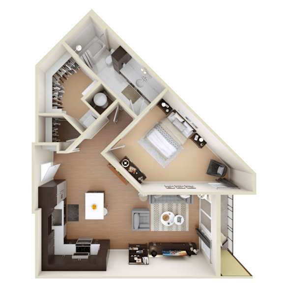 A top-down view of a house layout with a kitchen, living room, and bedrooms.