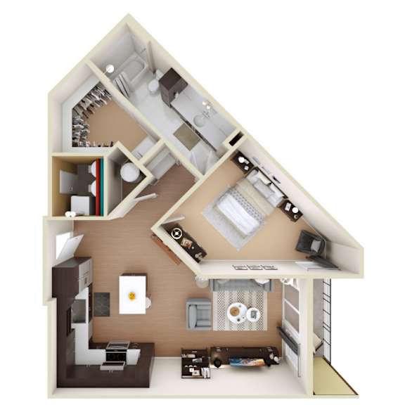 A 3D rendered image of a house layout with a kitchen, living room, and two bedrooms.